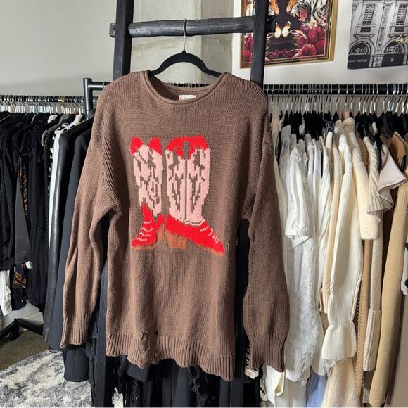 BDG Stella Cowboy Boot Graphic Distressed Oversized Pullover Sweater Brown Boots - Picture 4 of 8